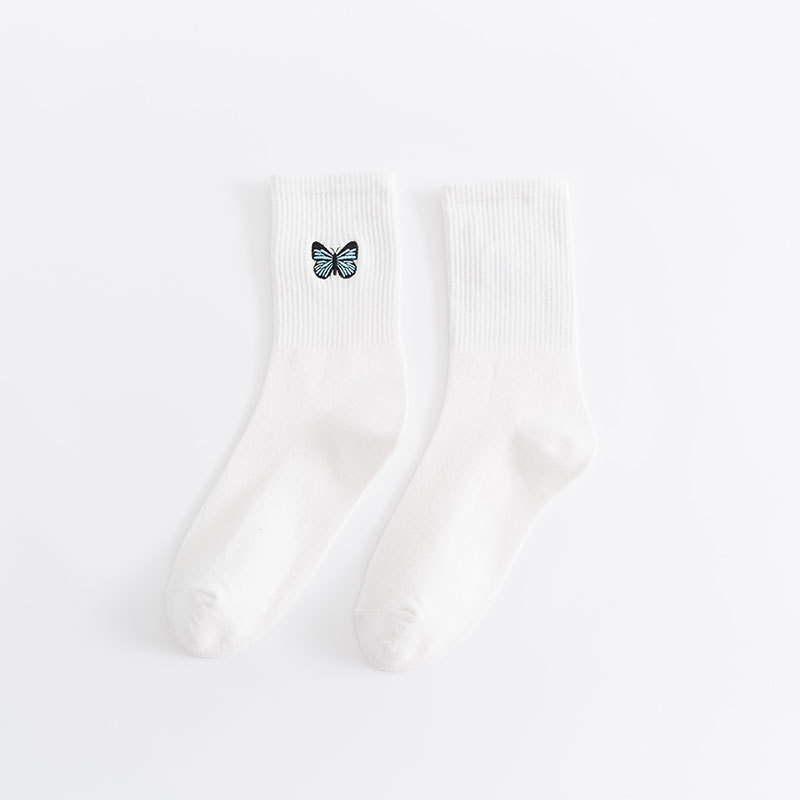 Girls Crew Black Socks White Socks Embroidered Butterflies Tide Skateboard Socks Female Socks